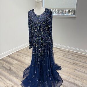 Mac Duggal Navy Floral Embellished Long Sleeve Dress